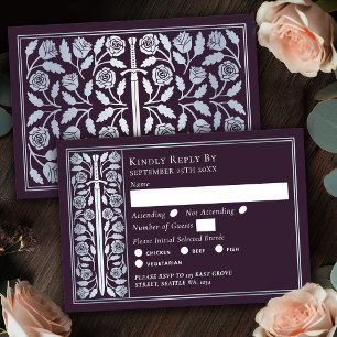 Silver Eggplant Mediaeval Sword Wedding RSVP Card