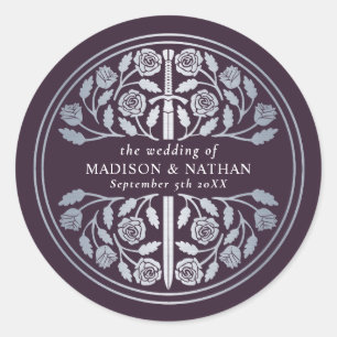 Silver Eggplant Royal Mediaeval Sword Wedding  Classic Round Sticker