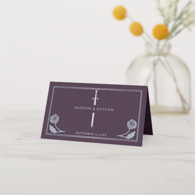 Silver Eggplant Royal Mediaeval Sword Wedding Place Card (Back)