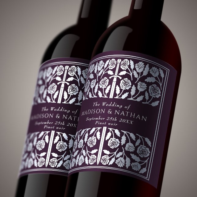 Silver Eggplant Royal Mediaeval Sword Wedding Wine Label (Creator Uploaded)