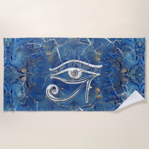 Silver Egyptian Eye of Horus  on blue marble Beach Towel