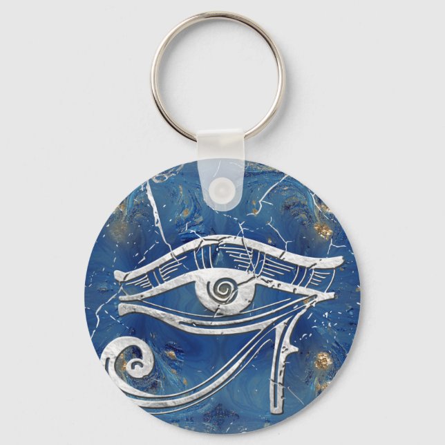 Silver Egyptian Eye of Horus  on blue marble Key Ring (Front)