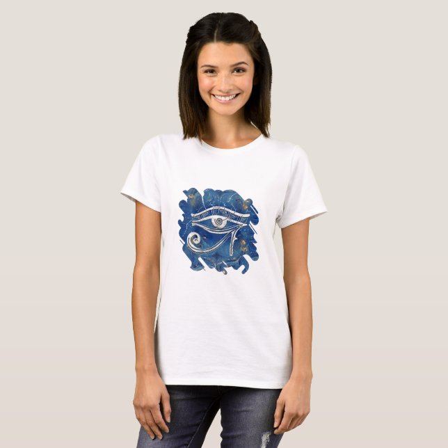 Silver Egyptian Eye of Horus  on blue marble T-Shirt (Front Full)