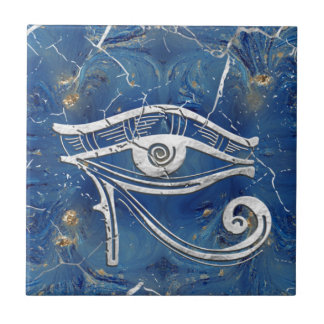 Silver Egyptian Eye of Horus  on blue marble Tile