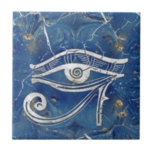 Silver Egyptian Eye of Horus  on blue marble Tile