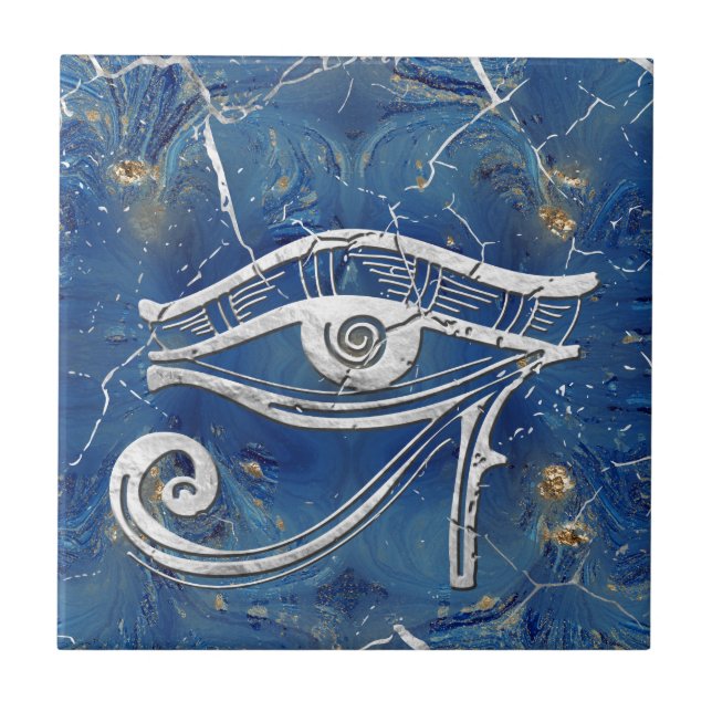 Silver Egyptian Eye of Horus  on blue marble Tile (Front)