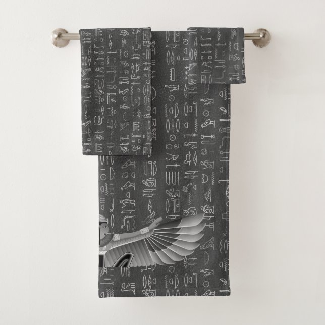 Silver Egyptian Princess Hieroglyphs Bath Towel Set (Insitu)