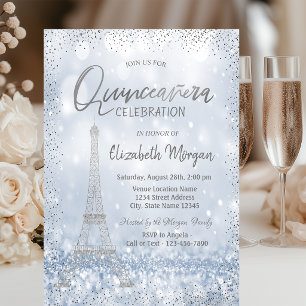 Silver Eiffel Tower Confetti Bokeh Quinceañera Invitation