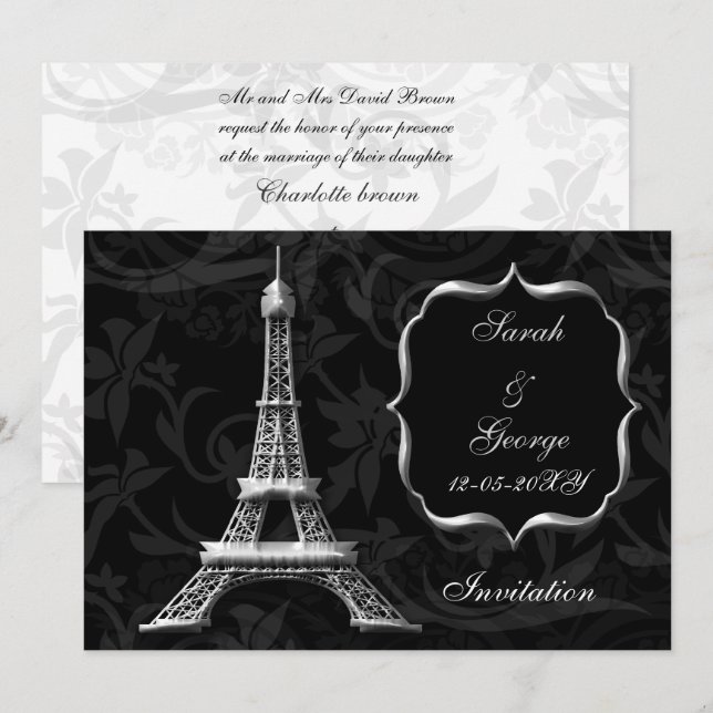 silver eiffel tower Paris wedding invitation (Front/Back)