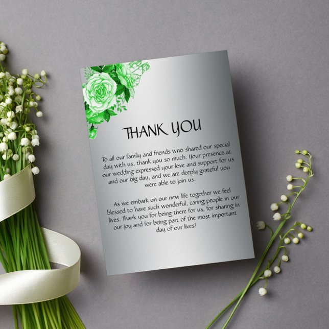 Silver Elegance and Green Roses Wedding Thank You Card (Creator Uploaded)