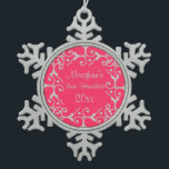 Silver Elegance First Hanukkah Snowflake Ornament<br><div class="desc">Lovely scroll design in silver over a bright pink background.  Customise the text.</div>