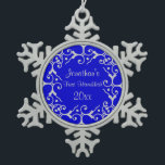 Silver Elegance First Hanukkah Snowflake Ornament<br><div class="desc">Lovely scroll design in silver over a bright royal blue background.  Customise the text.</div>