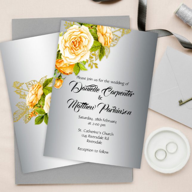 Silver Elegance: Golden Roses Wedding Invitation (Creator Uploaded)