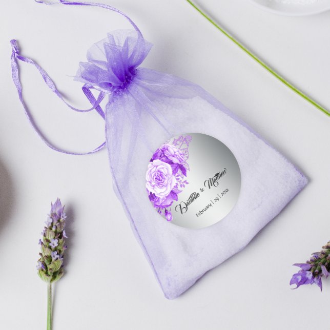 Silver Elegance Purple Rose Bouquet Wedding Classic Round Sticker (Creator Uploaded)