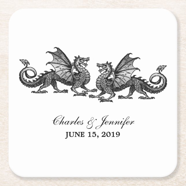 Silver Elegant Dragons Wedding Paper Coasters (Front)