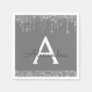 Silver Elegant Modern Monogram Birthday Napkin