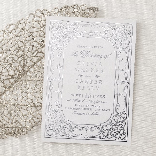 Silver elegant ornate romantic vintage wedding (Silver elegant ornate romantic vintage wedding foil invitation)