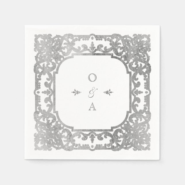Silver elegant ornate vintage wedding monogram napkin (Front)