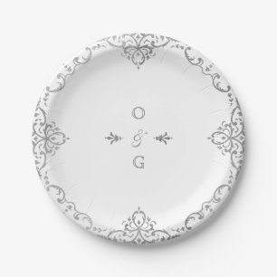 Silver elegant ornate vintage wedding monogram paper plate