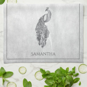 Silver Elegant Peacock Kitchen Towel