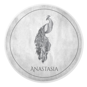 Silver Elegant Peacock Personalised Ceramic Knob