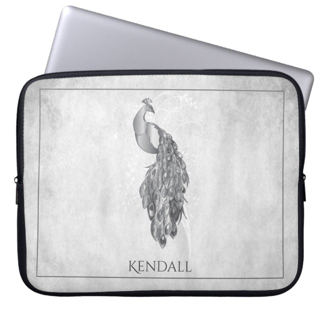 Silver Elegant Peacock Personalised Laptop Sleeve (Front)