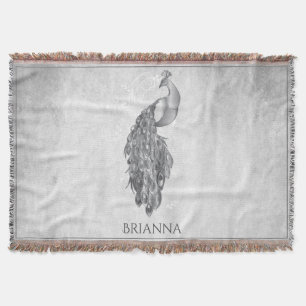 Silver Elegant Peacock Personalised Throw Blanket