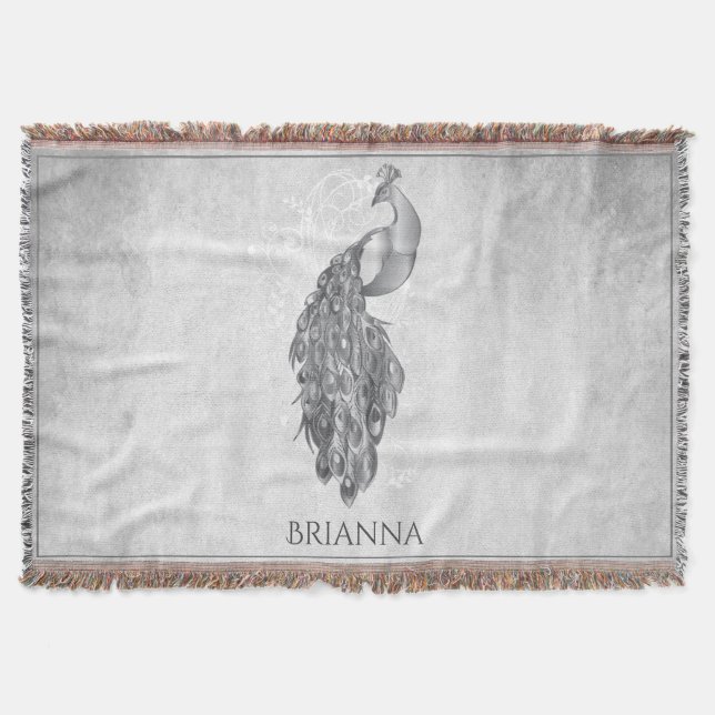 Silver Elegant Peacock Personalised Throw Blanket (Front)