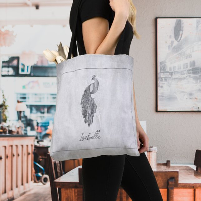 Silver Elegant Peacock Personalised Tote Bag (Silver Elegant Peacock Personalized Tote Bag)