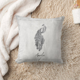 Silver Elegant Peacock Throw Pillow