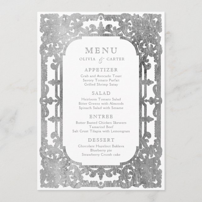 Silver elegant romantic ornate vintage wedding menu (Front)
