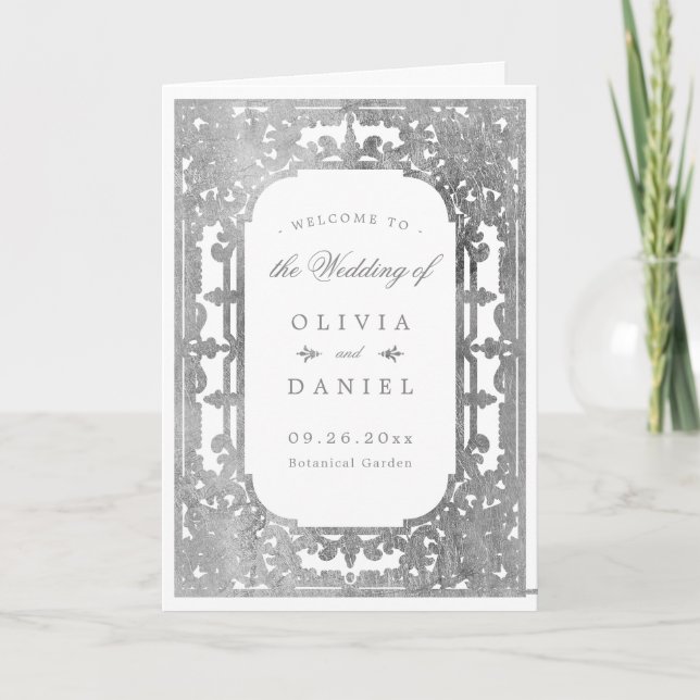 Silver elegant romantic ornate vintage wedding programme (Front)