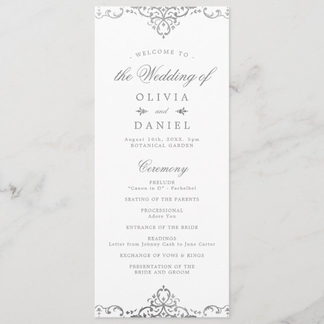 Silver elegant romantic ornate vintage wedding programme (Front)