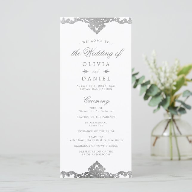 Silver elegant romantic ornate vintage wedding programme (Standing Front)
