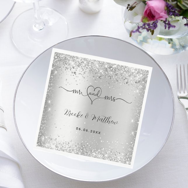 Silver elegant script mr mrs heart wedding napkin (Creator Uploaded)