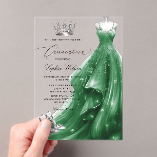 Silver Emerald Dress Princess Quinceañera Acrylic Invitations