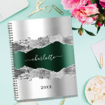 Silver emerald green agate marble name script 2024 planner<br><div class="desc">Faux silver and emerald green metal and agate,  marble stone print as background Personalise and add your name. The name is written with a modern hand lettered style script.</div>