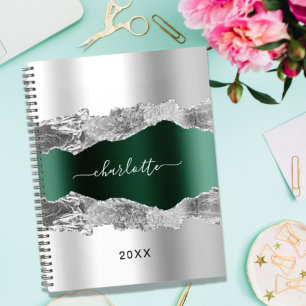 Silver emerald green agate marble name script 2025 planner