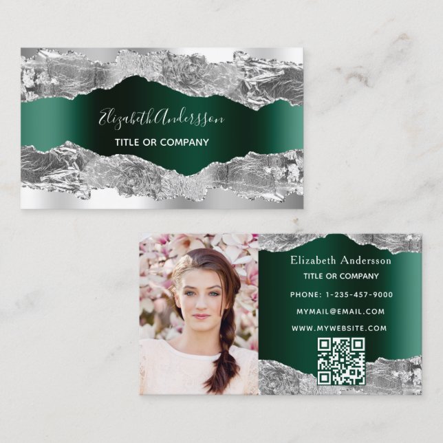 Silver emerald green agate marble QR code photo Business Card (Front/Back)