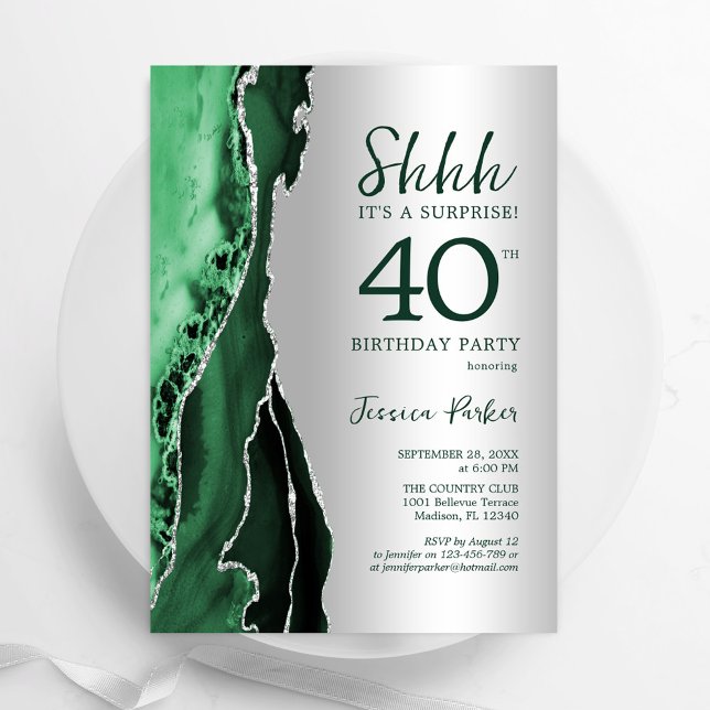 Silver Emerald Green Agate Surprise 40th Birthday Invitation (Creator Uploaded)