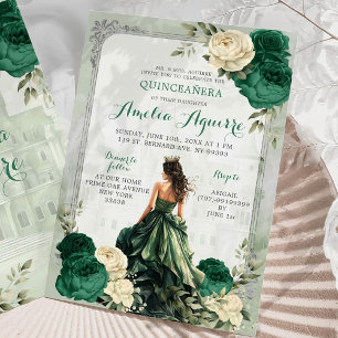 Silver Emerald Green Castle Princess Quinceañera Invitation