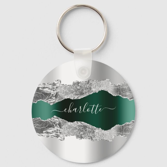 Silver emerald green metal agate marble name  key ring (Front)