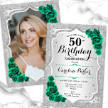 Silver Emerald Green Photo 50th Birthday Invitation<br><div class="desc">Elegant floral feminine 50th birthday invitation with your photo at the back of the card. Glam design with faux glitter silver. Features silver stripes, emerald green roses, script font and confetti. Perfect for a stylish adult bday celebration party. Personalise with your own details. Can be customised for any age! Printed...</div>