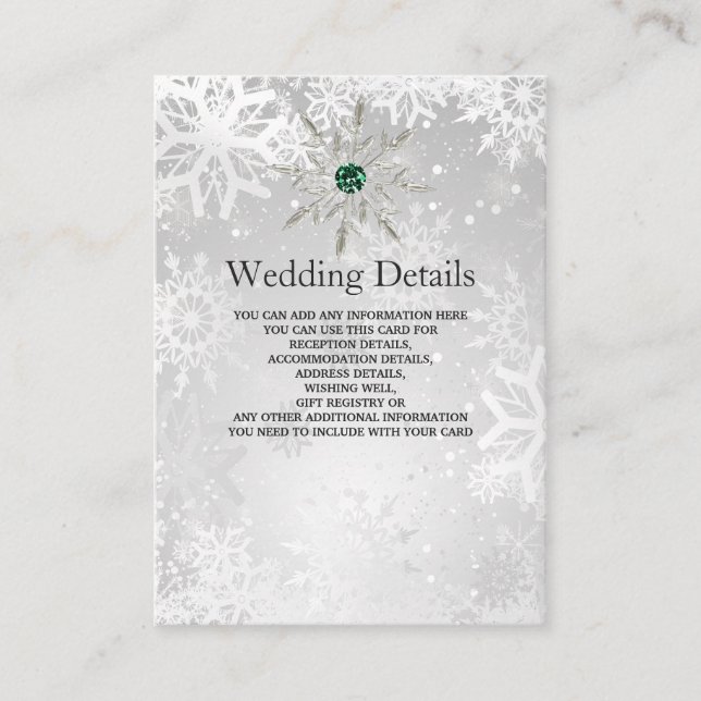 silver Emerald Green snowflakes Wedding  Enclosure Card (Front)
