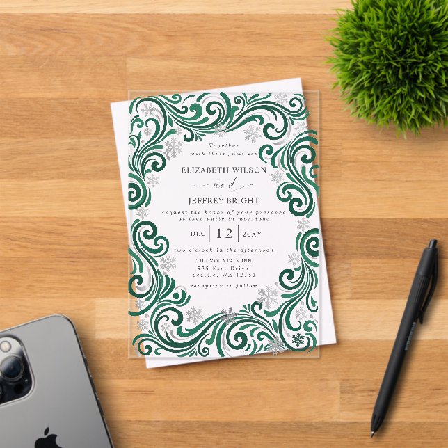 Silver Emerald Green Snowflakes Winter Wedding Acrylic Invitations (Insitu (Invitation Card))