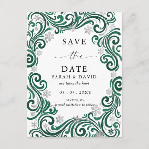 Silver Emerald Green Snowflakes Winter Wedding Announcement Postcard