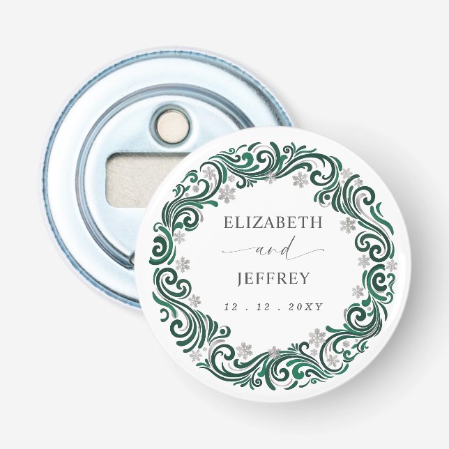 Silver Emerald Green Snowflakes Winter Wedding Bottle Opener (Front)