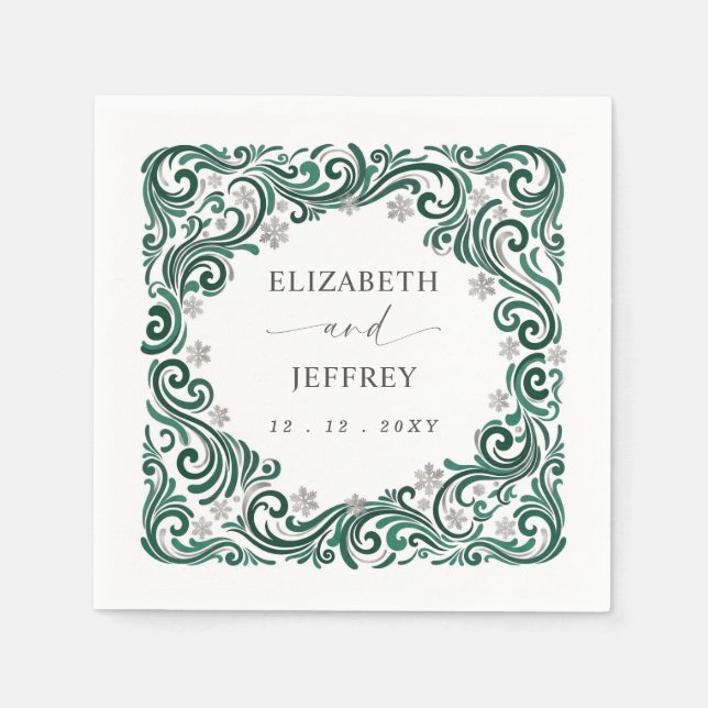 Silver Emerald Green Snowflakes Winter Wedding Napkin (Front)