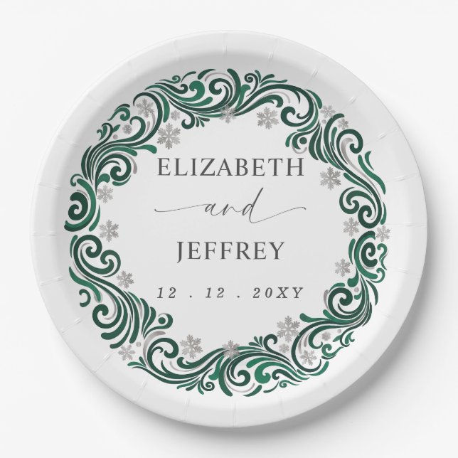 Silver Emerald Green Snowflakes Winter Wedding Paper Plate (Front)
