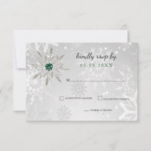 silver Emerald Green snowflakes winter wedding RSVP Card